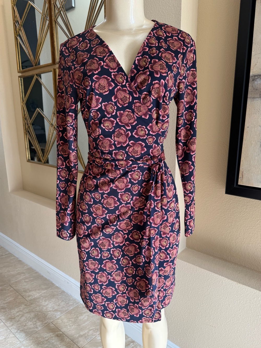 Ann Taylor Women's Navy and Maroon Long Sleeve Lotus Floral Wrap Dress Size 4